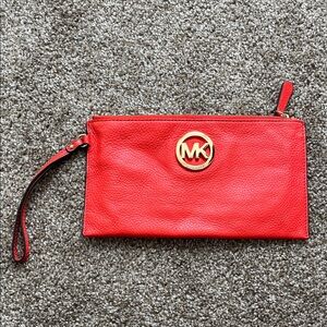 MICHAEL Michael Kors Red Pebbled Leather Wristlet Clutch with Gold MK Emblem